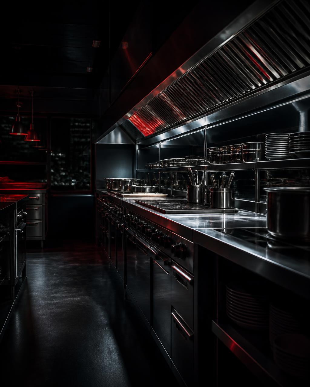 Stainless steel commercial kitchen line serviced by SWIFT Hvacr