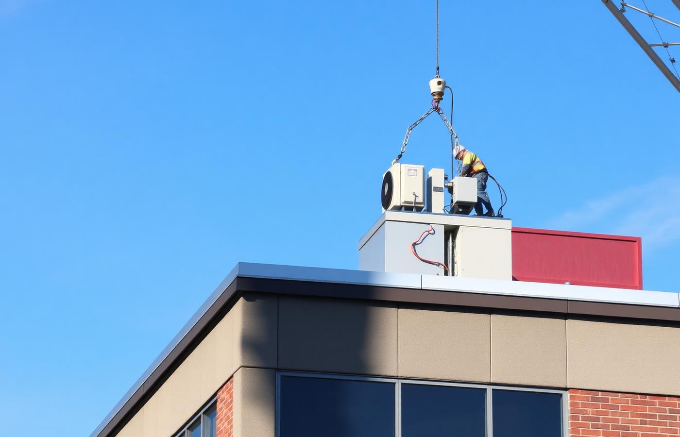 Rooftop HVAC unit being craned into place during a commercial installation
